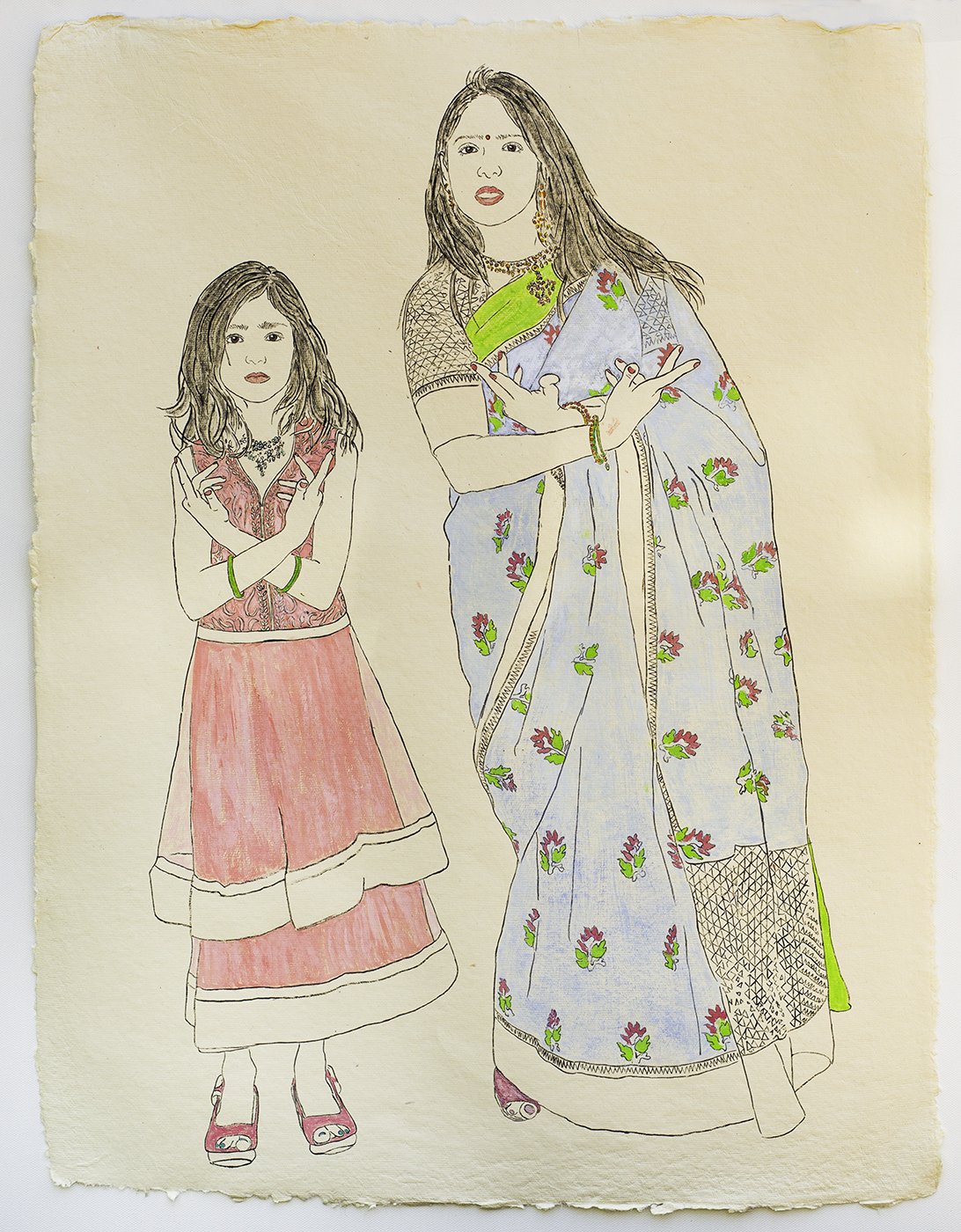   Available    Mother and Daughter, Members of an Indian Dance Troupe in the Seattle Area   25” x 19”, gouache, watercolor, India Ink on paper, 2021 
