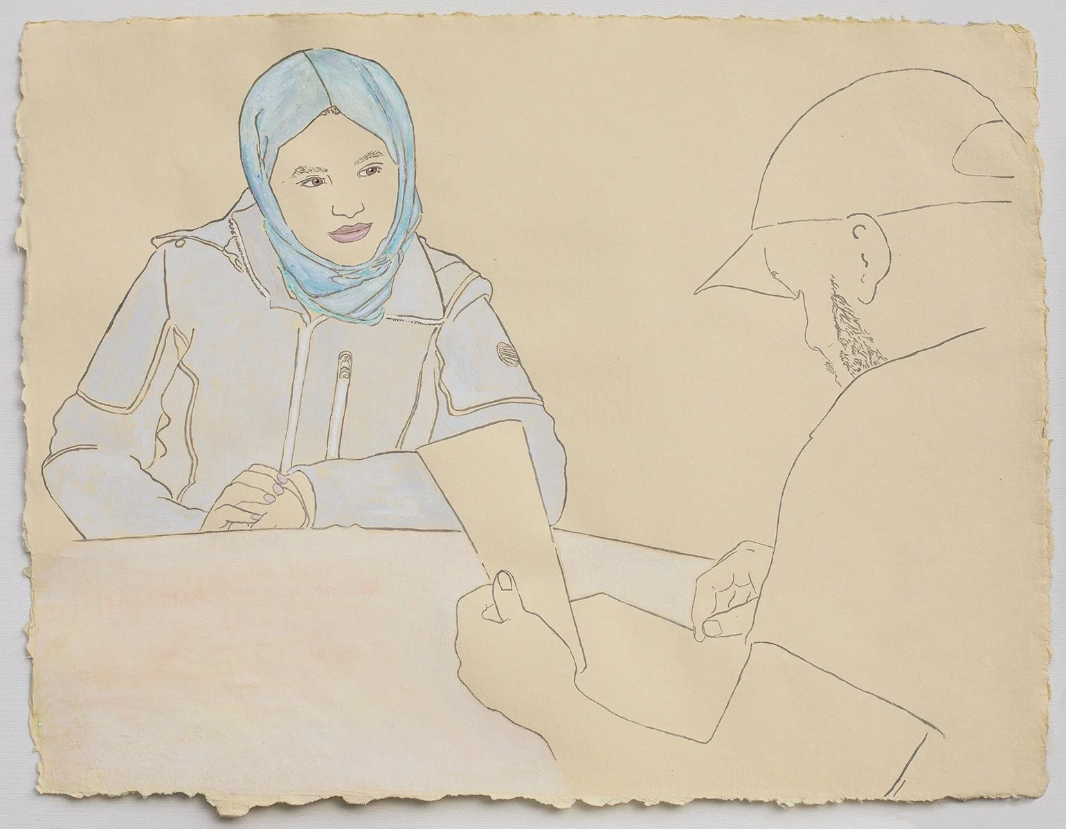 Available Woman in Blue Hajib Applying for United States Citizenship 2022, ink, watercolor, and gouache on handmade paper, 19” x 25”