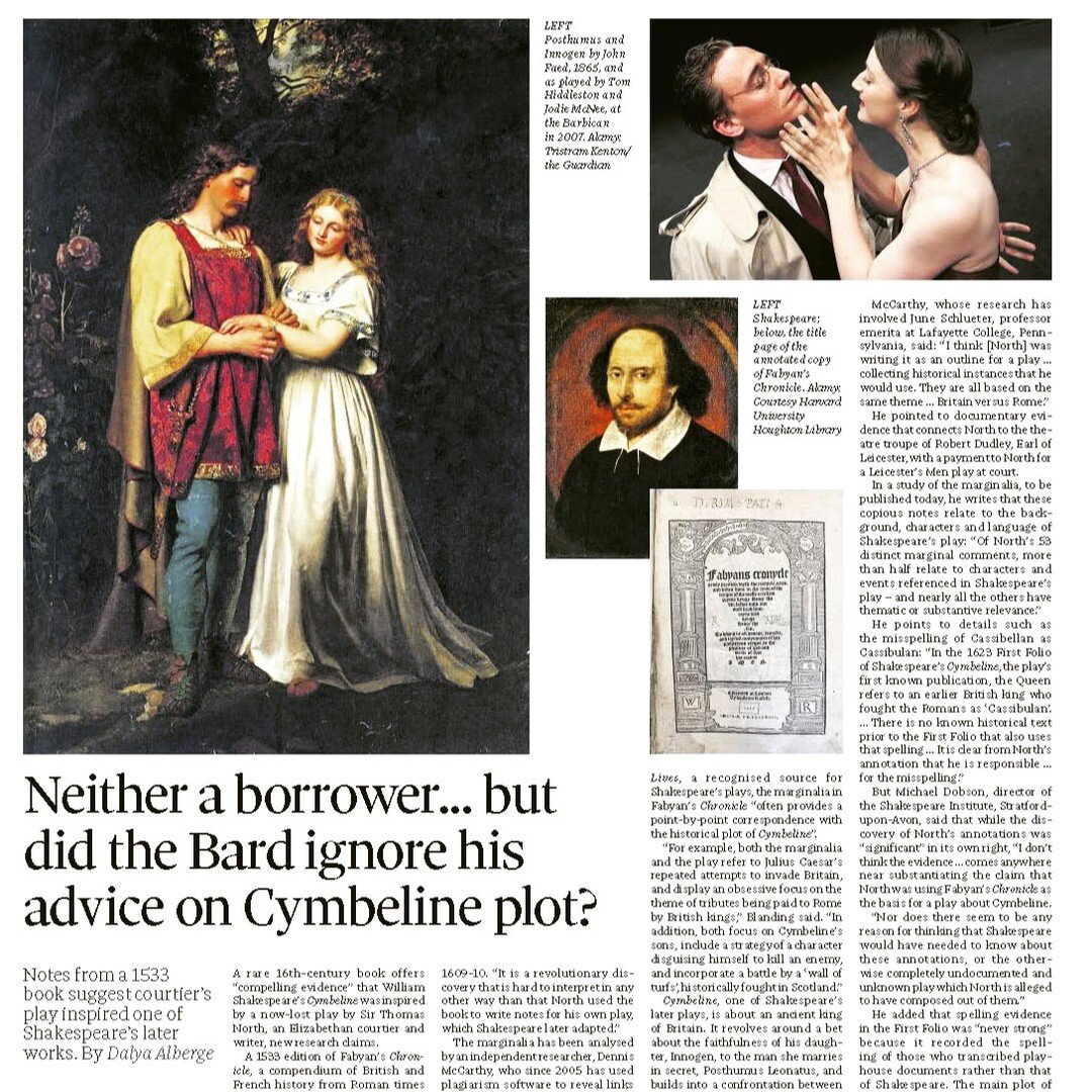 The Observer, the Sunday paper of the Guardian newspaper, published a full-page article today on our recent discovery of a rare book at Harvard containing evidence that Shakespeare adapted Cymbeline from a play by Thomas North. Link to story in bio!
