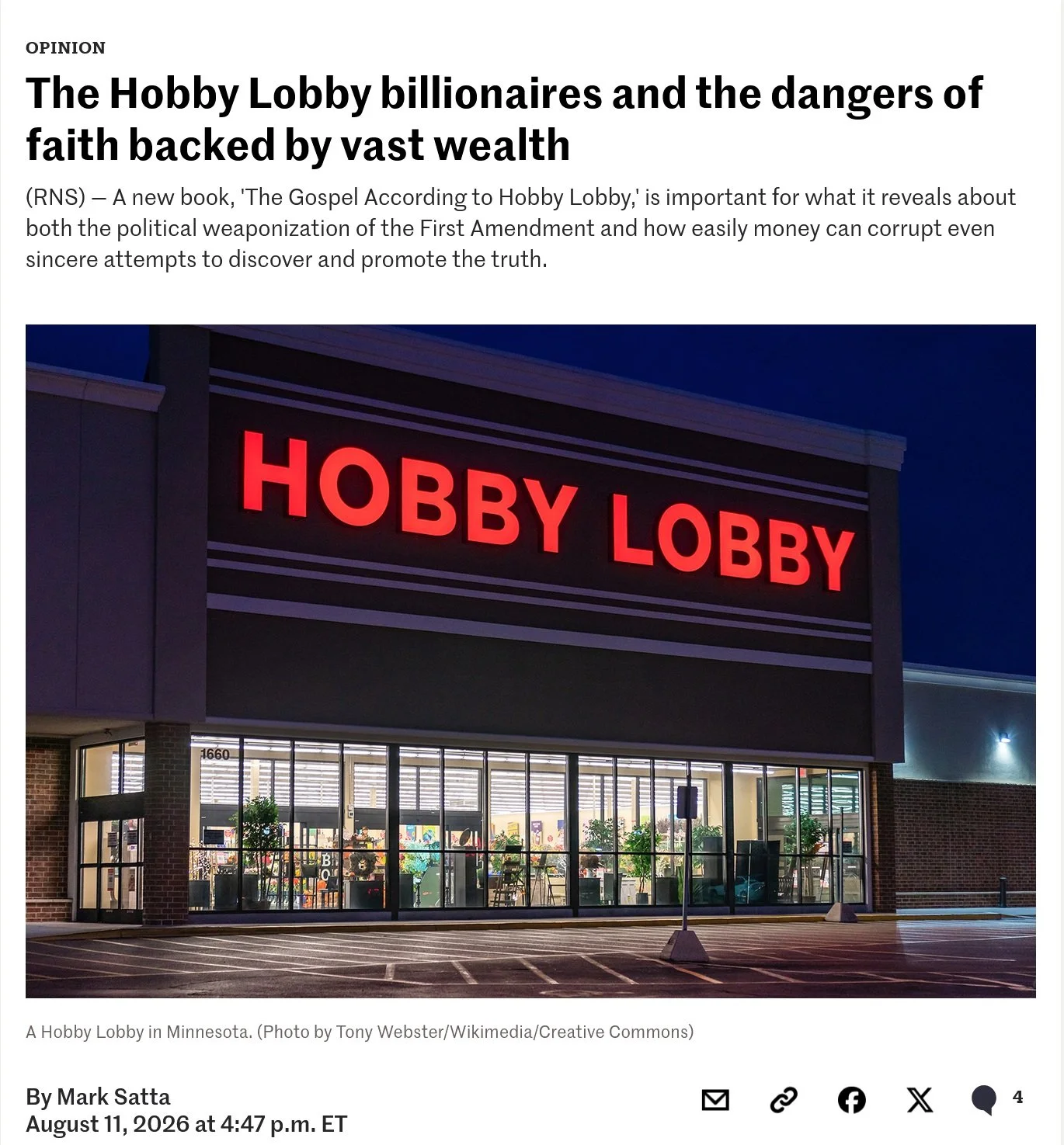 Another banger review of THE GOSPEL ACCORDING TO HOBBY LOBBY... this time in Religion News Service (RNS), a wire service syndicated to 100+ major publications! It's so gratifying when a reviewer really "gets" what you are going for, and I f