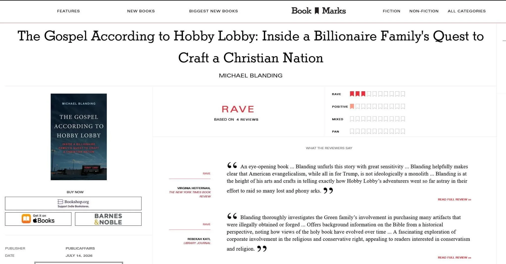 It&rsquo;s official: The Gospel According to Hobby Lobby is a RAVE according to Book Marks, with 3 Rave and 1 Positive reviews. Available, as they say, wherever books are sold. https://bookmarks.reviews/reviews/the-gospel-according-to-hobby-lobby-ins