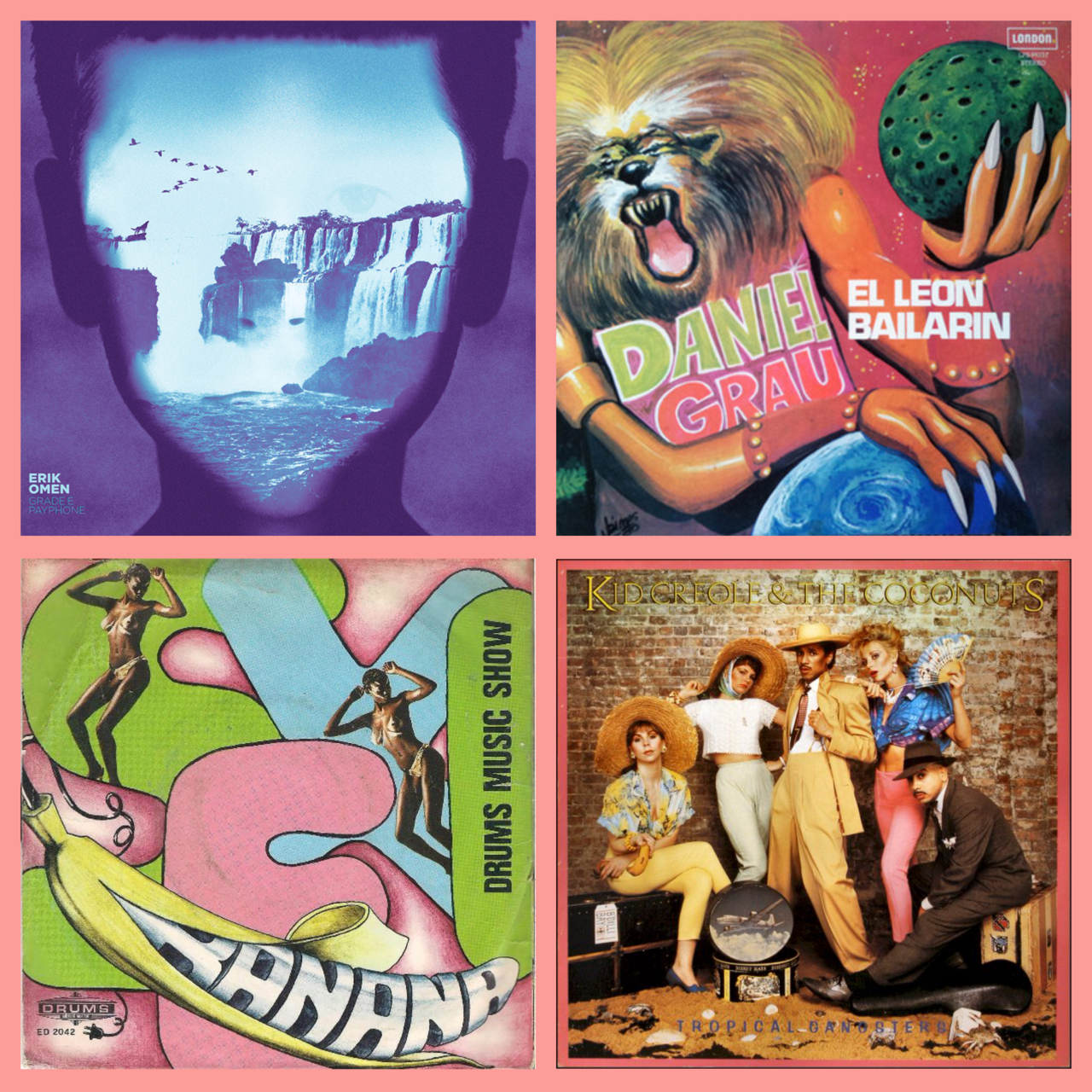 Top left clockwise: Vinyl covers by Erik Omen, Daniel Grau, Kid Creole and the Coconuts, Drums Music Show