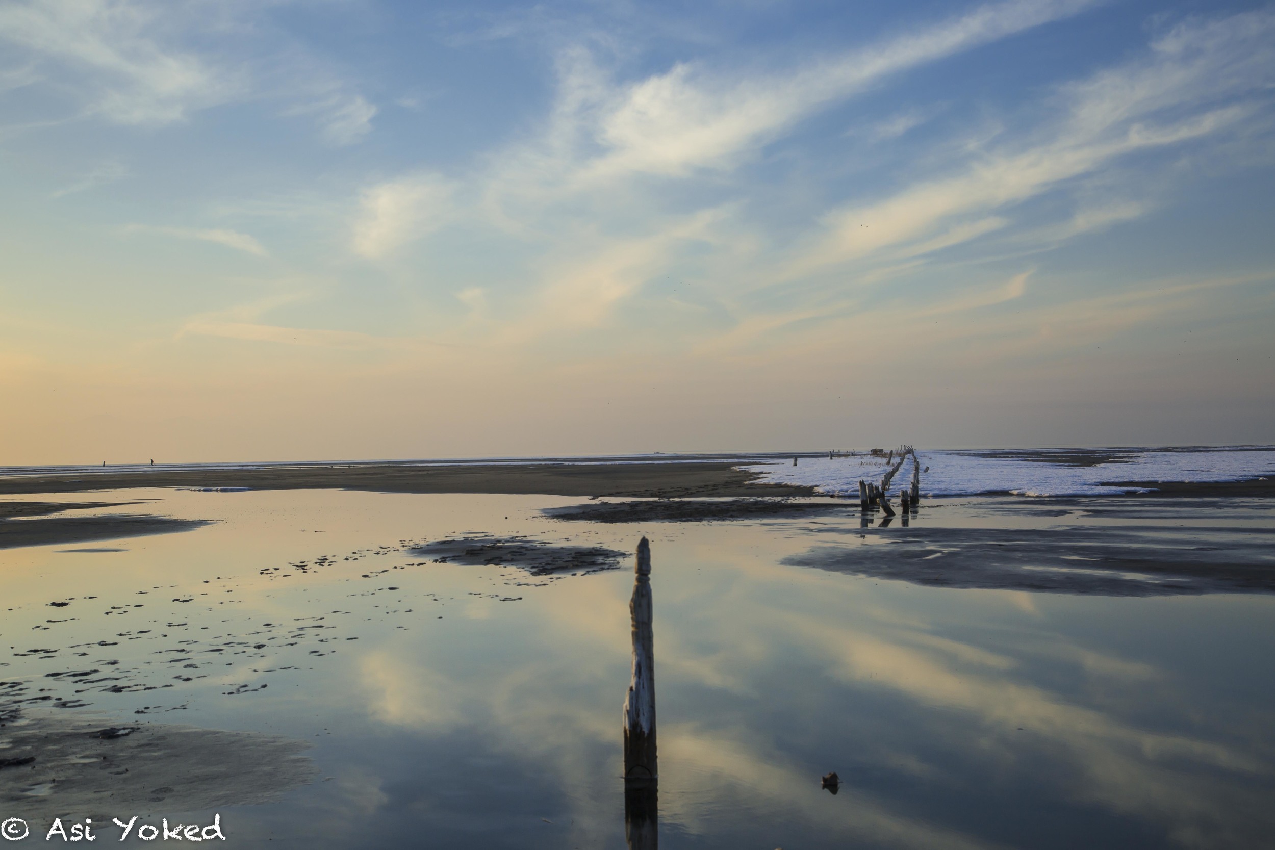 A serene beach scene with calm water reflecting the pastel-colored sky, wooden posts protruding from the sand, some in the water, and snow patches on the beach.