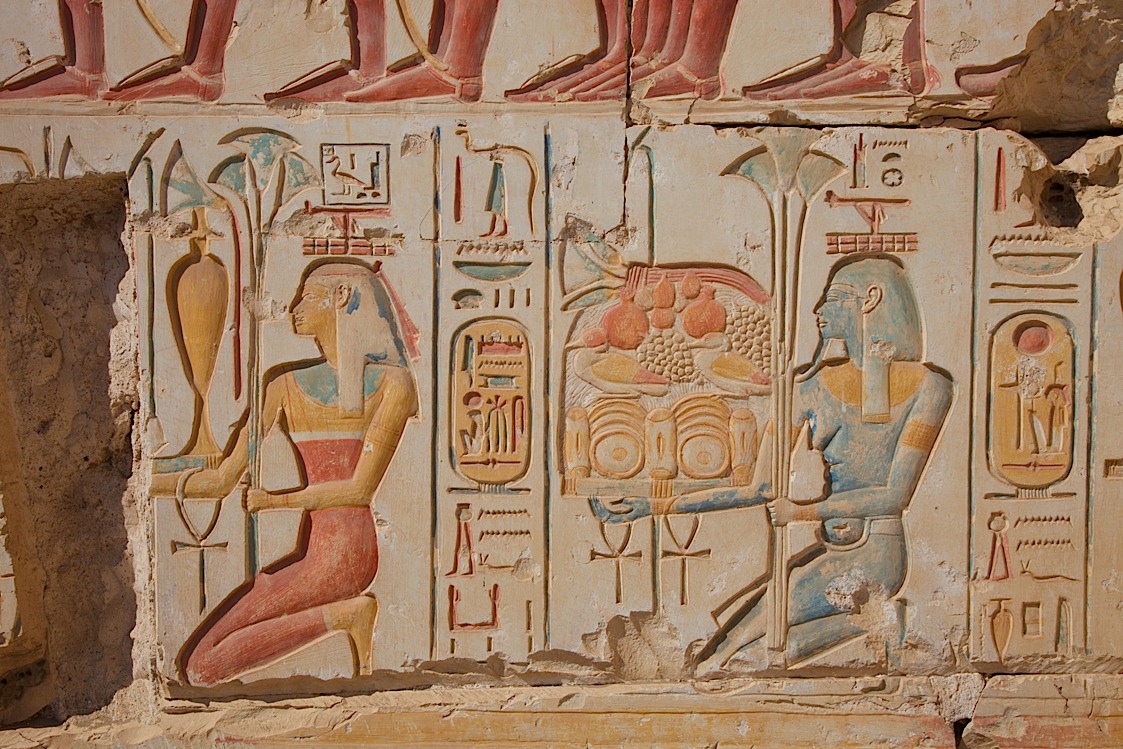 Carving with ORIGINAL paint at some unpopular temple next to Abydos, about 3hrs from Luxor.