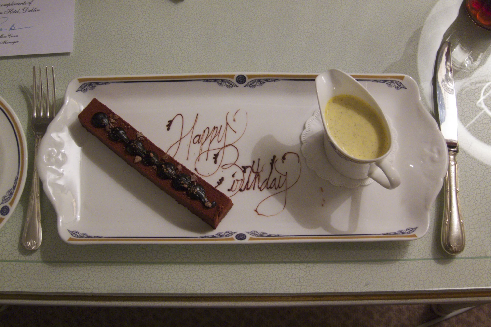A cake waiting for me at the hotel when I met my mom in Dublin. (Dublin, Ireland.)