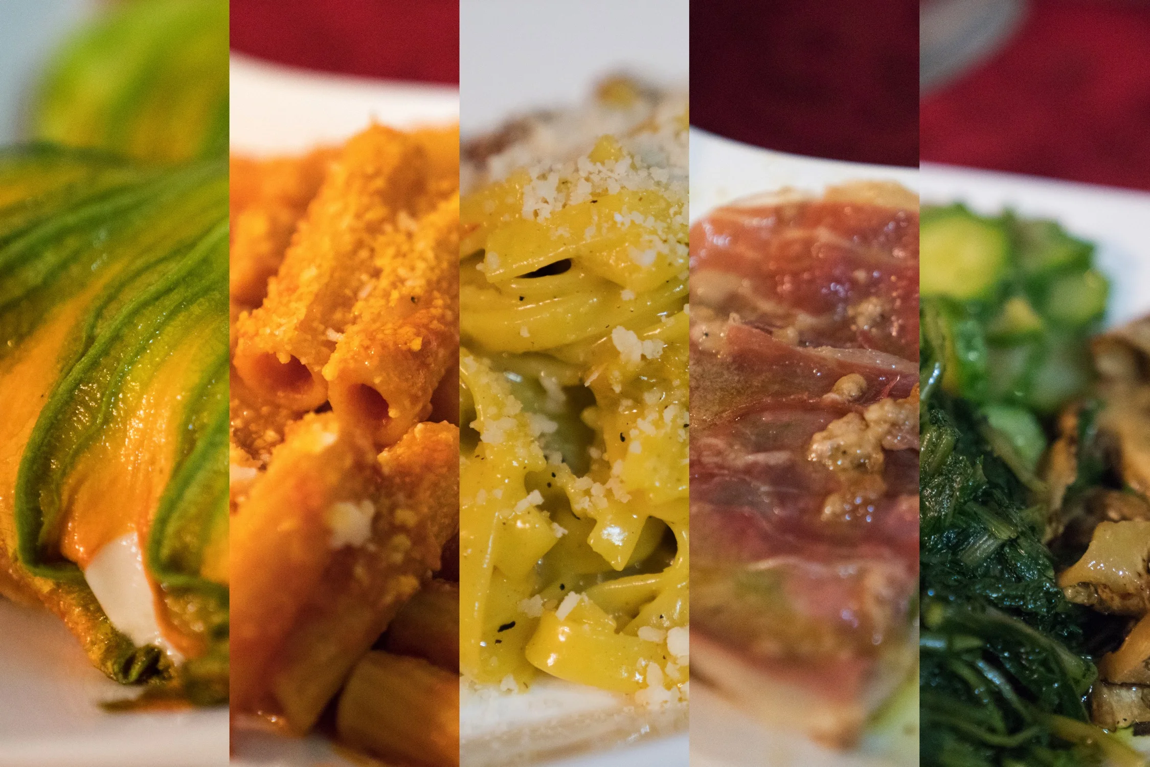Zucchini flower crostini, amatriciana, carbonara, saltimbocca, and vegetables at Trattoria Il Timoniere. (Rome, Lazio, Italy.)