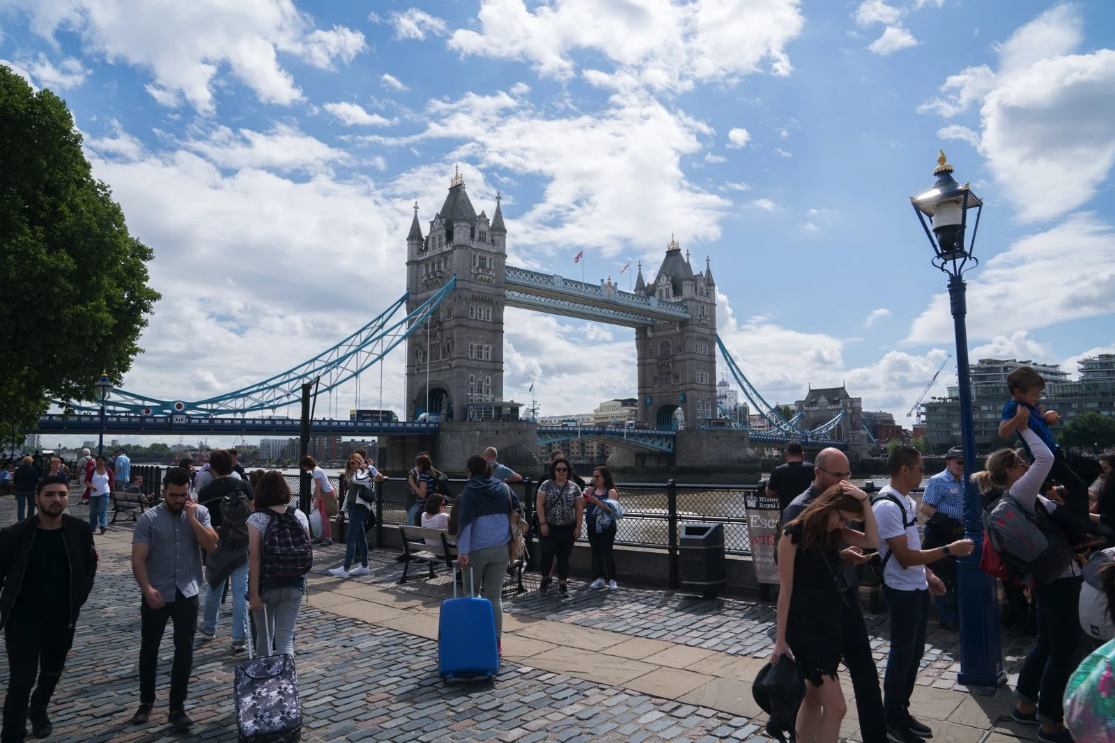 Tower Bridge as viewed outside the Tower of London. N.B.: this is Tower Bridge; do not call it London Bridge, which is another bridge. (London, United Kingdom.)