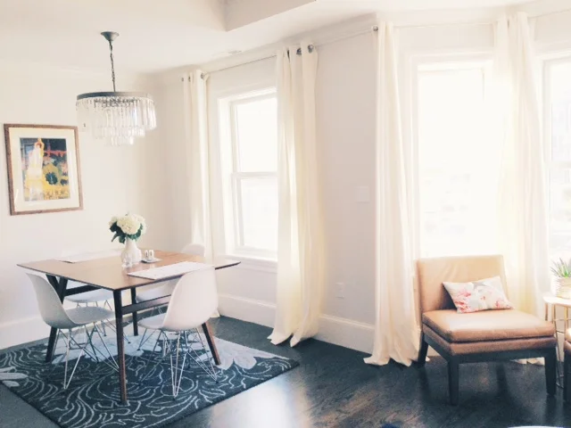 Our dining nook. Fresh flowers and an aloe plant add a little something to the room