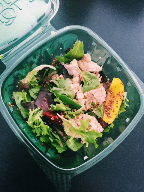 A typical lunch of greens, beets, peppers, quinoa and tuna. Small amounts of olive oil, vinegar and lemon.