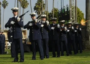 The Coast Guard Honor Guard retires the colors at the memorial of Senior Chief Petty Officer Terrell Horne III. U.S. Coast Guard photo by Petty Officer 2nd Class Prentice Danner.