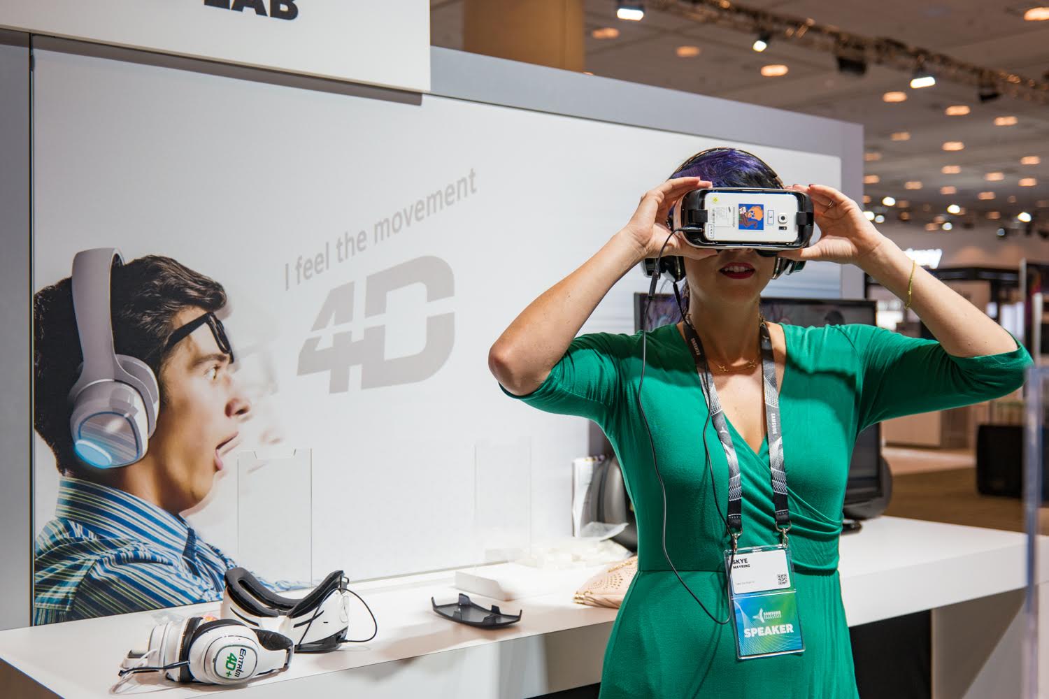 Joan Jetsetter experimenting with movement in VR at the Samsung Developer Conference in San Francisco, Calif. Image by Wasim Muklashy . 