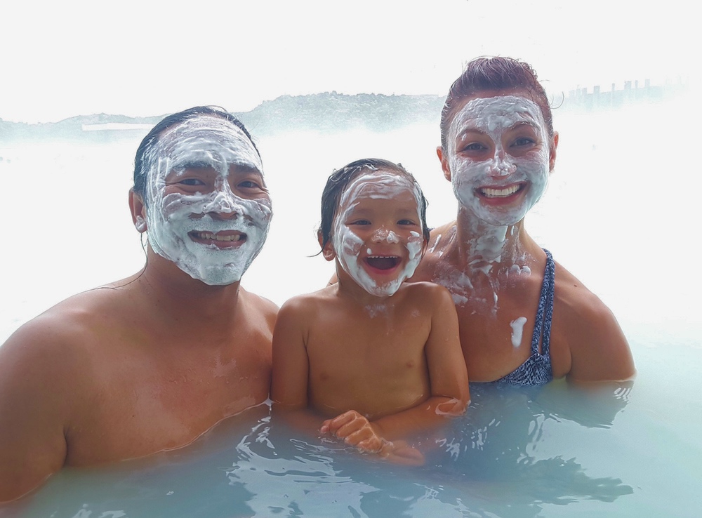 From left: Timothy, Hunter and Laura Dahl warming up in Iceland's Blue Lagoon