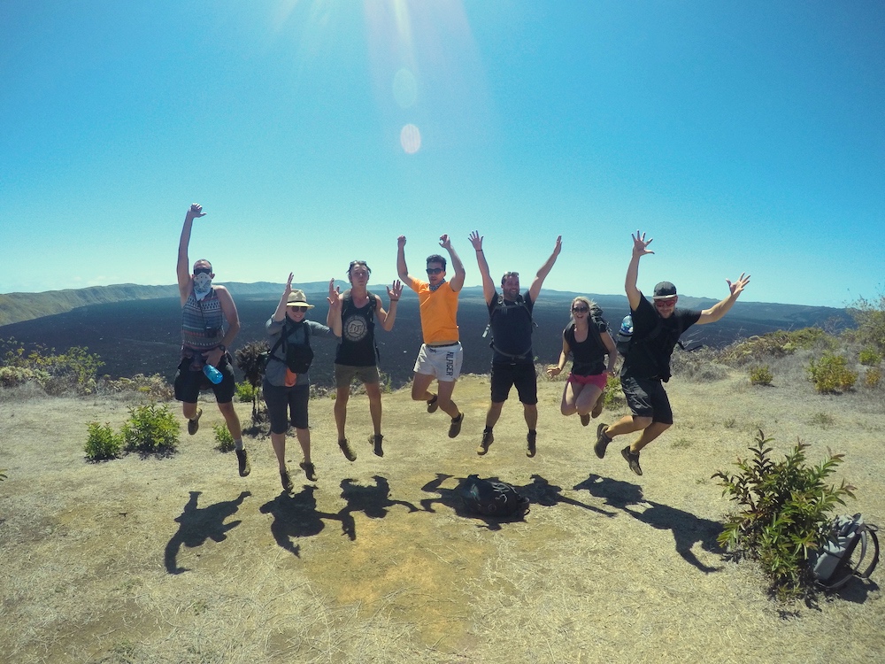 The writer (far left) with his G Adventures group at the rim of Sierra Negra Volcano in the Galapagos