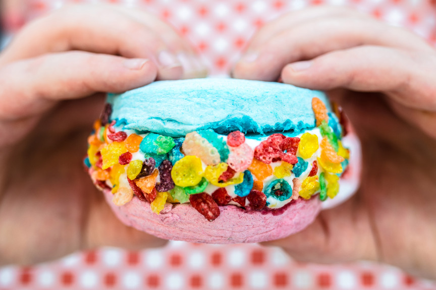 New to the LA County Fair's lineup is the cotton candy ice cream sandwich by Chicken Charlie's. Image courtesy of Watchara Phomicinda , The Press-Enterprise/SCNG
