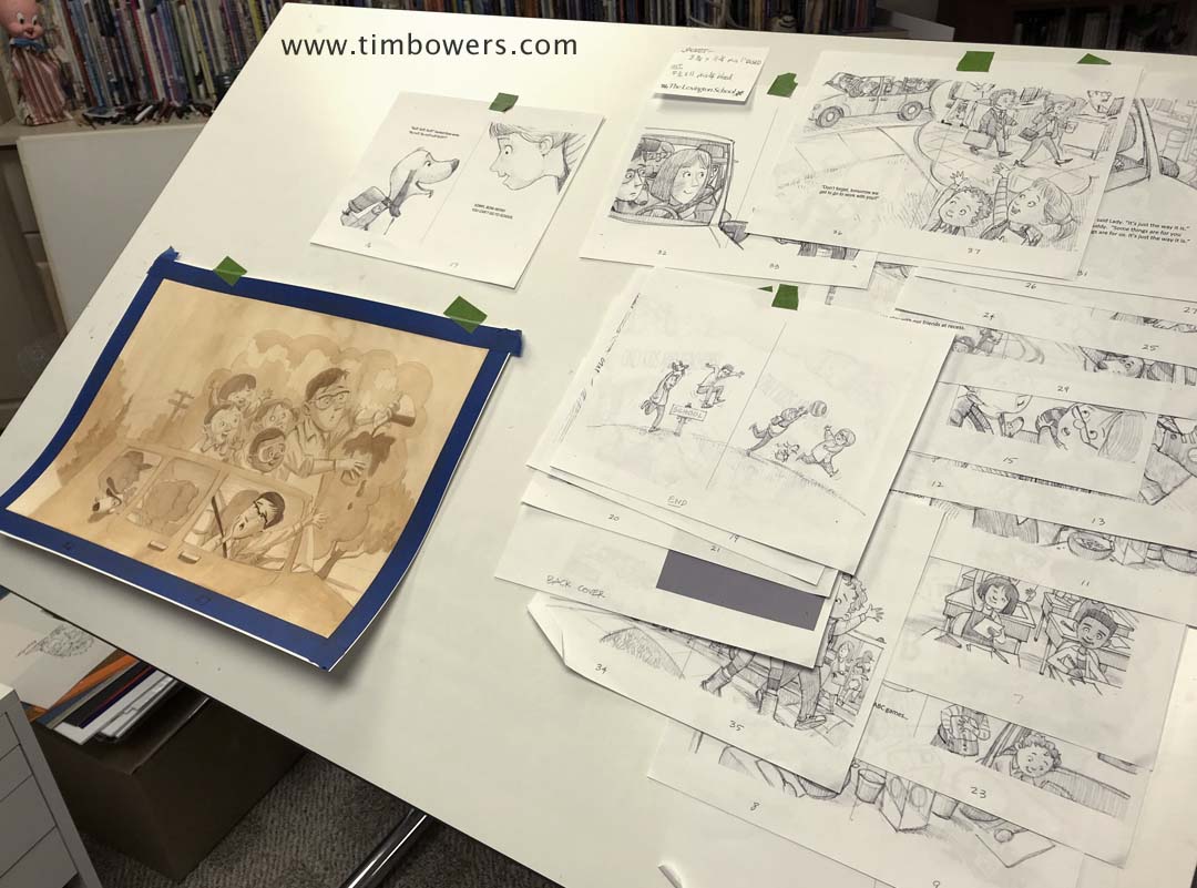 Ready to begin the final artwork. Sketches are taped to the drawing board. A lot of work, ahead.