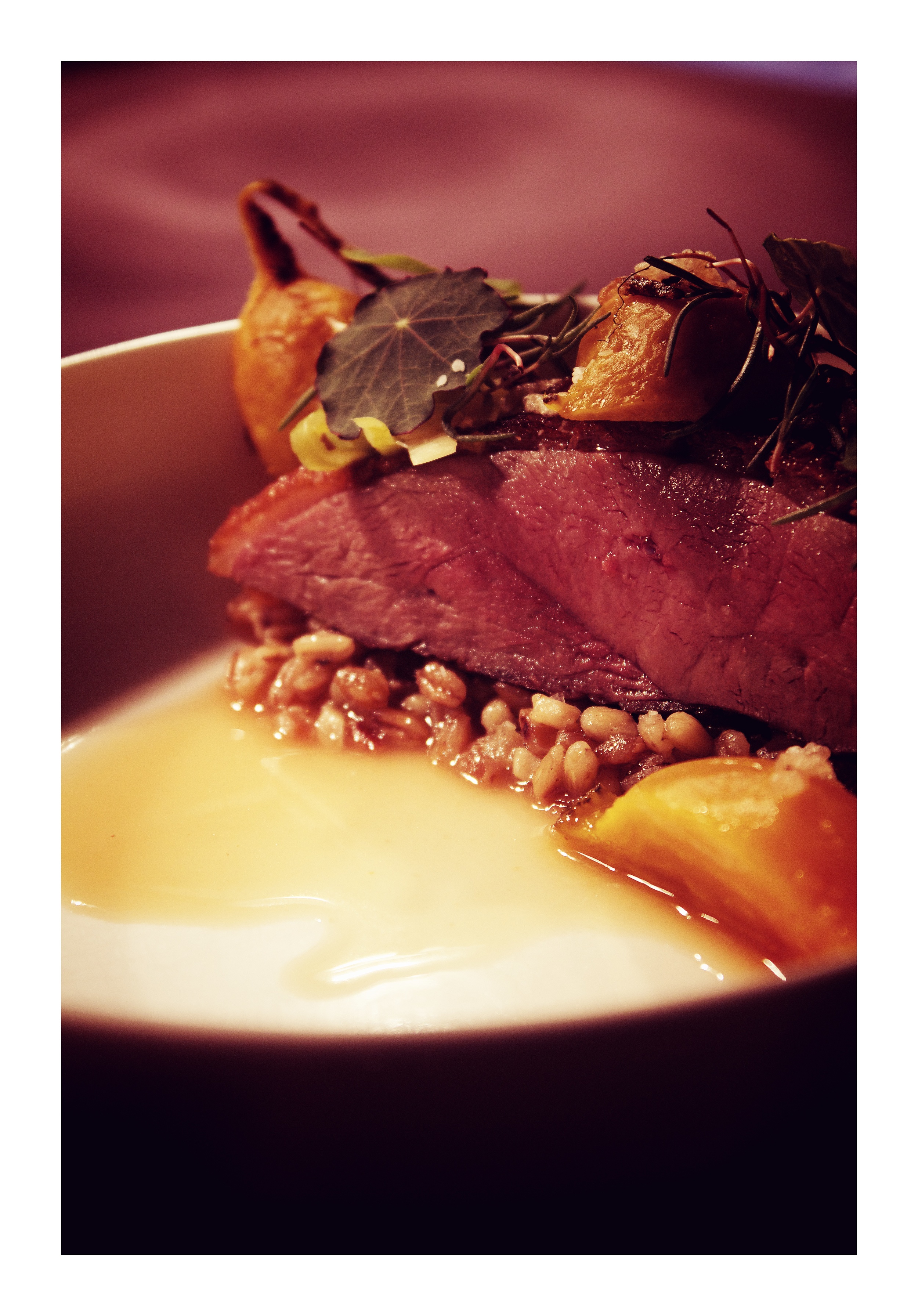 35 day dry aged duck | braised grains | salt preserved beets glazed in apricot | sea beans | sweet and sour meat broth