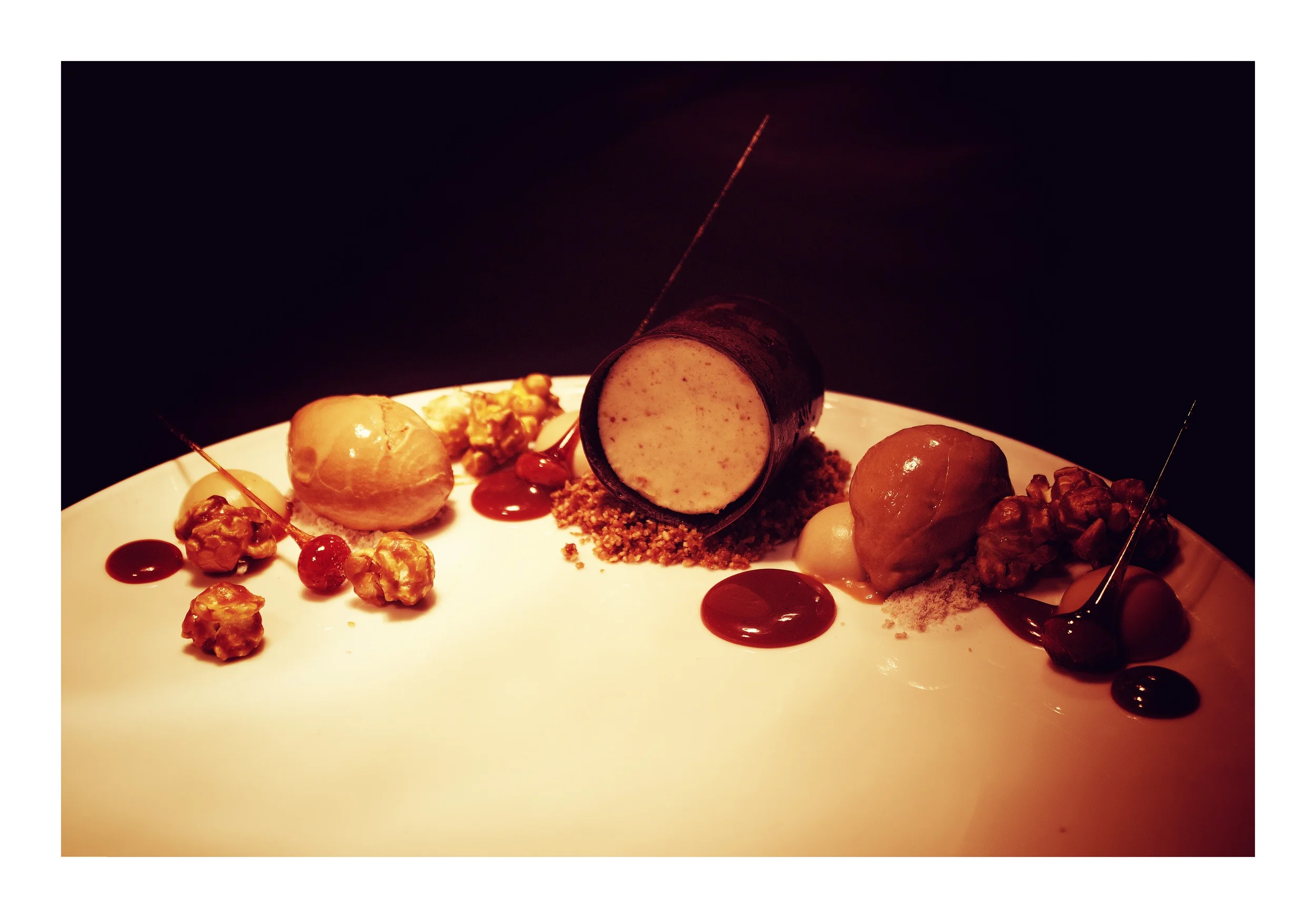 peanut cake|salted caramel cremeaux|peanut mousse|caramel powder|sweet corn gelato|peanut encapsulated in sugar