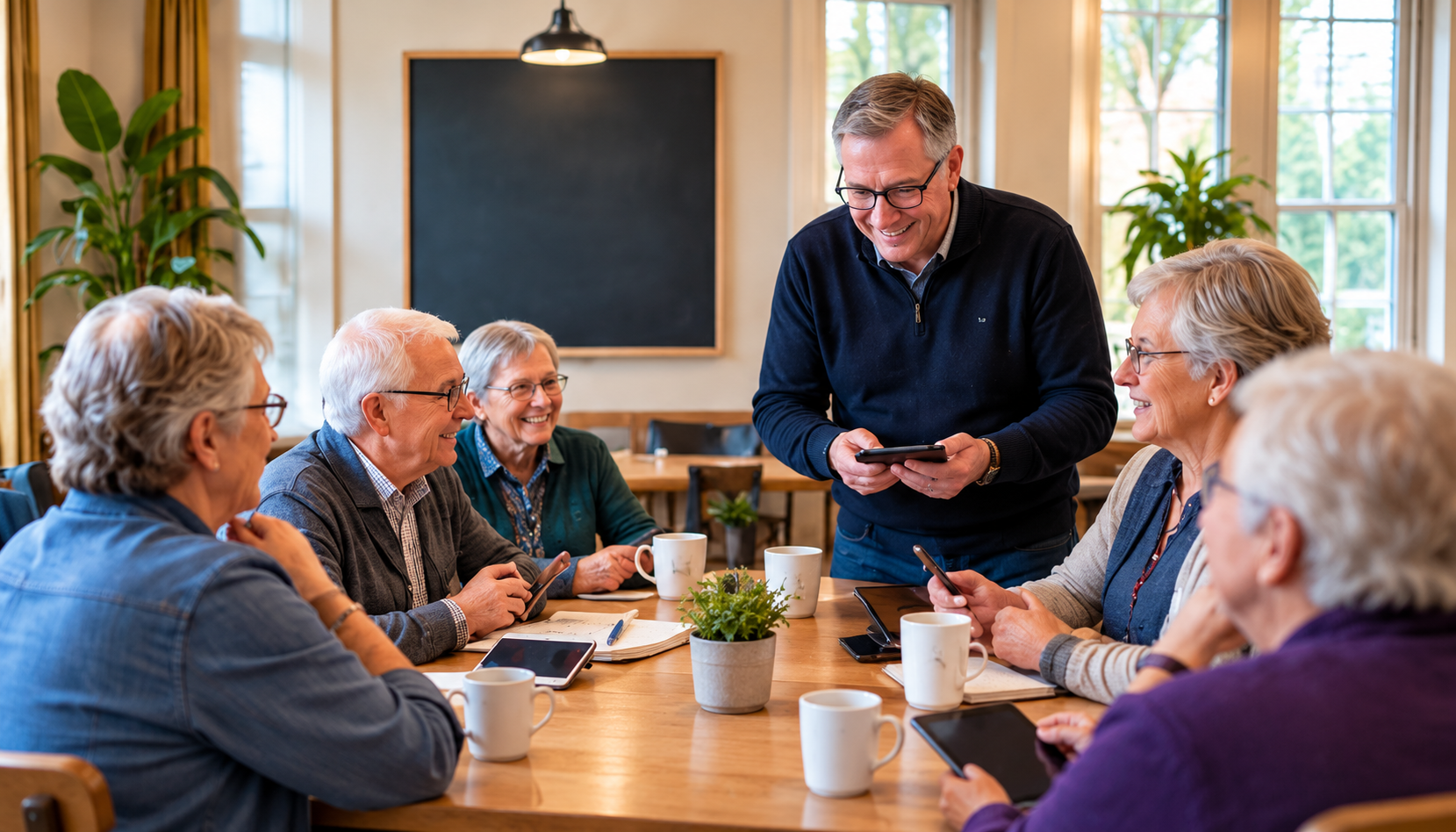 A group of six older adults sitting around a wooden table in a well-lit room, engaging with a man standing and showing something on his phone. The group is smiling, with notebooks, tablets, and coffee mugs on the table, and a blackboard on the wall in the background.