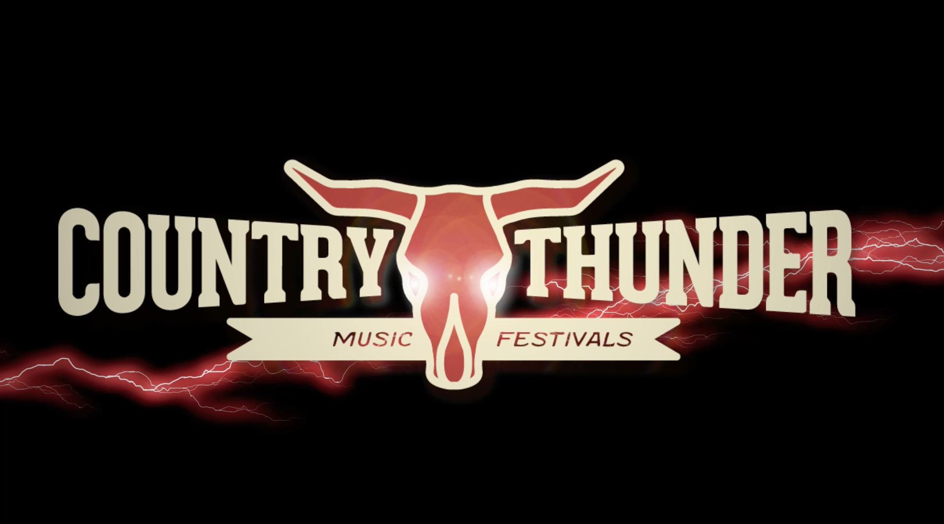 Logo for Country Thunder Music Festivals featuring a stylized cow skull with lightning in the background and red accents.