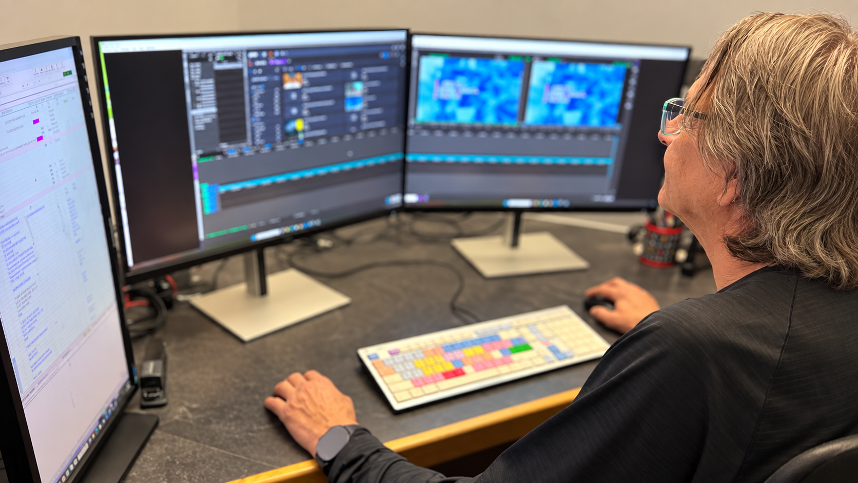 Gary working at a desk with three computer monitors displaying editing software and a colorful keyboard.