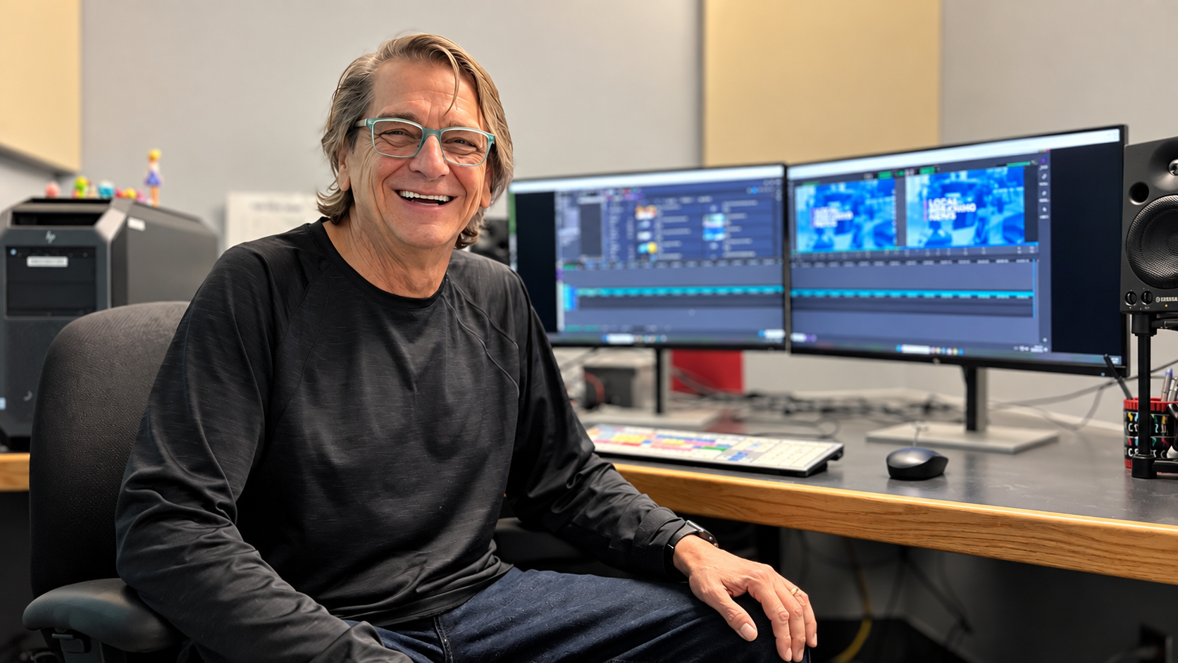 Gary sitting with glasses sitting at a desk in front of dual computer monitors displaying video editing software.