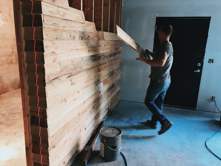  Aaron and I cladding my office with the site sawn pine siding. Note the laser line, every nail was perfectly aligned because I am crazy.&nbsp; 