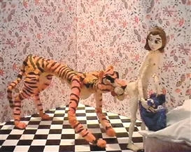 Nathalie Djurberg and Hans Berg, Tiger Licking Girl's Butt , 2004. Courtesy of Zach Feuer Gallery, New York, and Giò Marconi Milan.