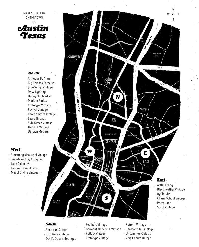 Vintage Around Town Guide Map, Austin, TX