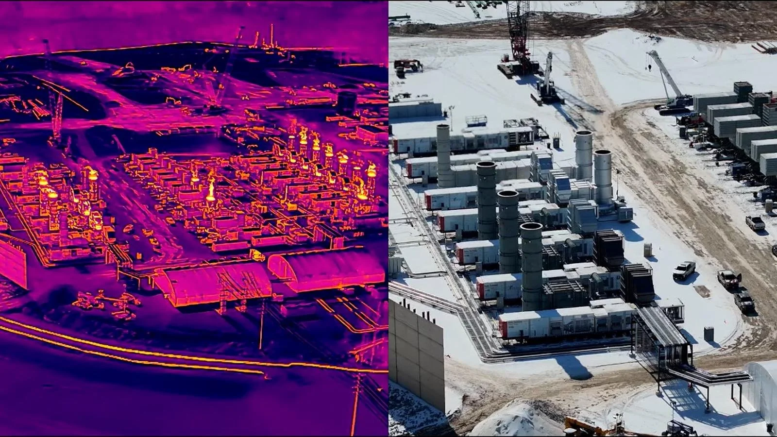 Split-screen aerial image of a data-center power site, with the left half shown in thermal infrared colors and the right half shown in normal daylight.