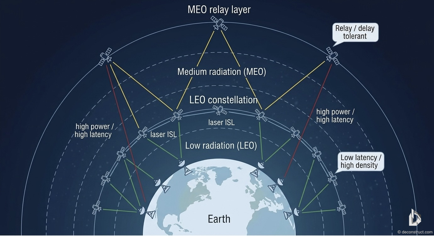 Diagram of satellite communication layers with Earth at the center, showing different satellite types and their radiation levels, including Low Radiation (LEO), Medium Radiation (MEO), high power/high latency, low latency/high density, and relay/delay tolerant layers.