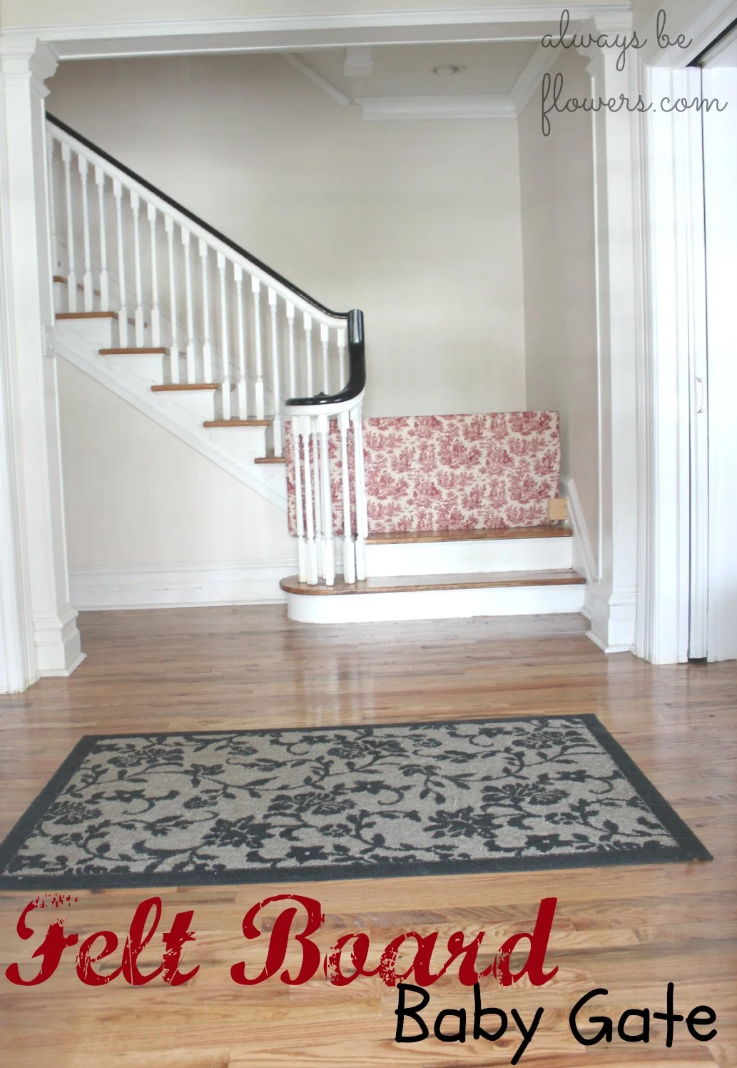 Upholstered on one side and felt on the other, this gate looks pretty decent in the entryway. I do need a new rug though...