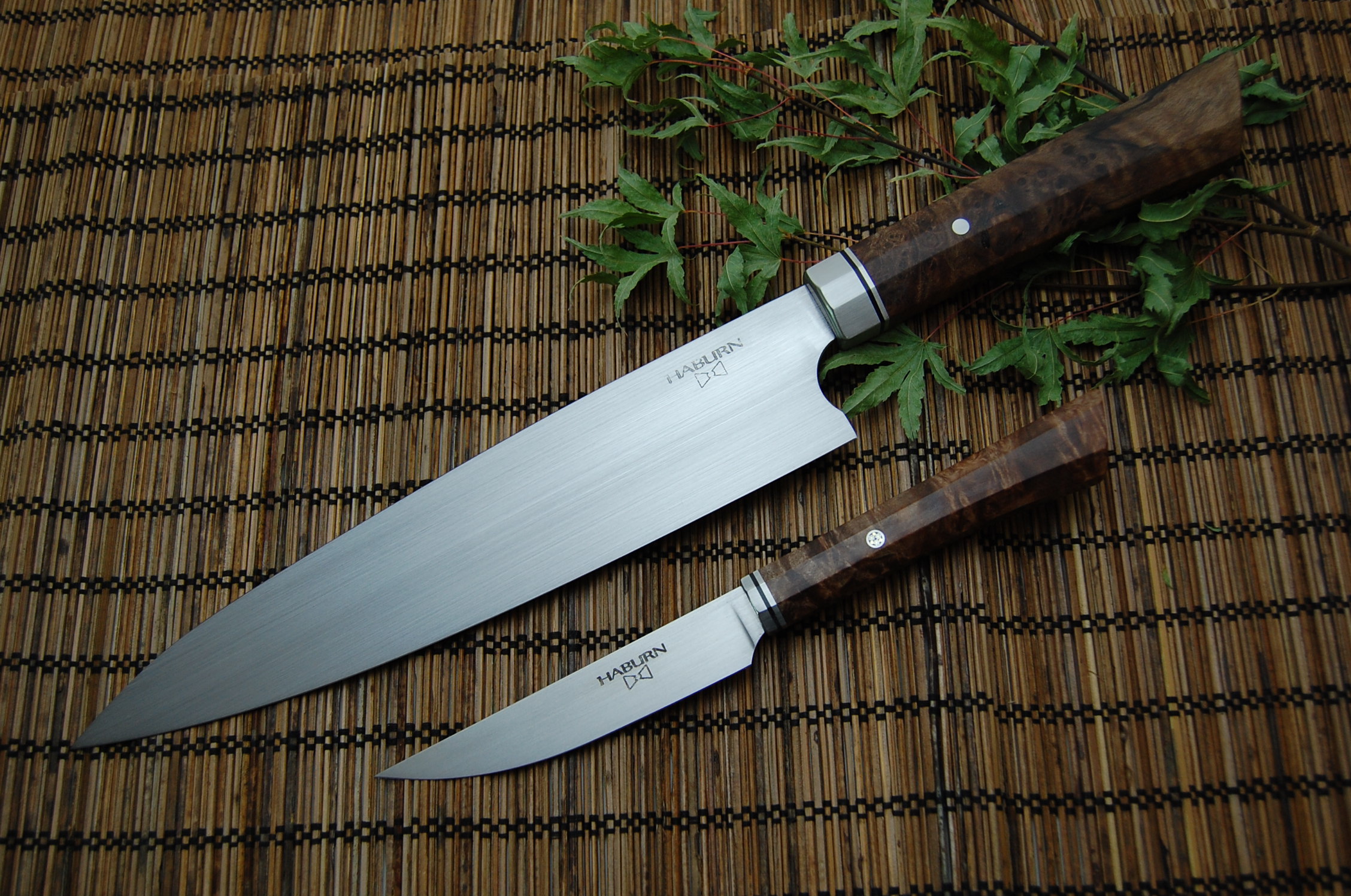 Gyuto and parer in AEB-L with maple burl