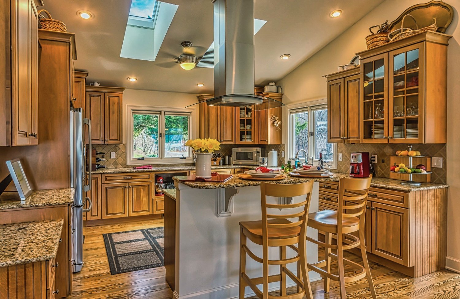 home kitchen center island couple chairs