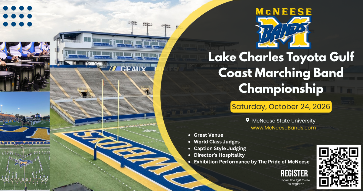 Flyer for Lake Charles Toyota Gulf Coast Marching Band Championship - Saturday, October 24, 2026