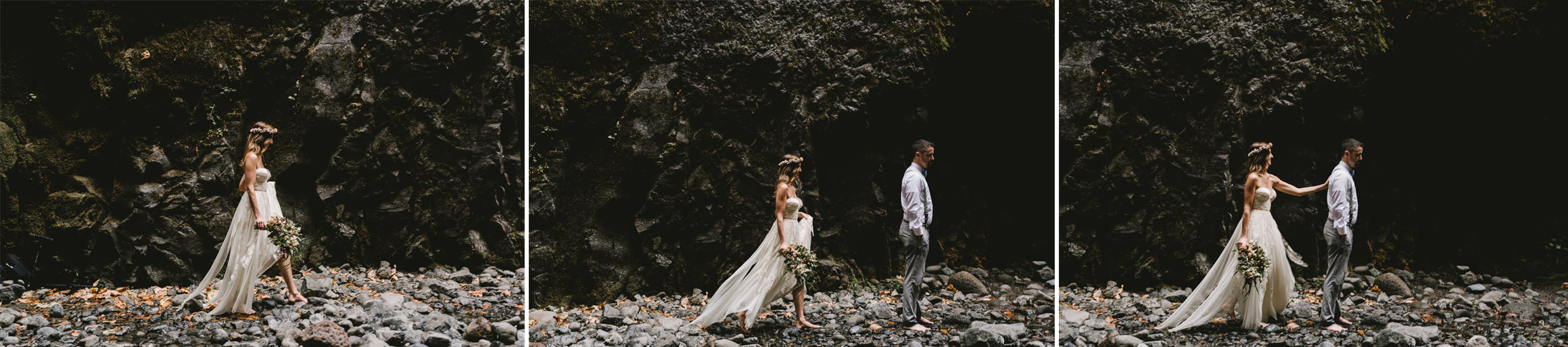 Oneonta Gorge, Oregon, Columbia River Gorge, adventurous Oregon elopement photographed by Jess Hunter, places to elope in Oregon, Sarah Seven bride in Cascade gown, natural wedding in the Pacific Northwest, first look elopement