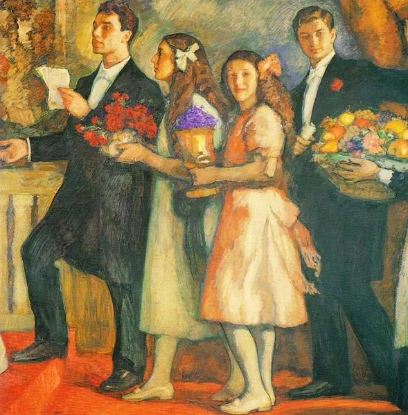 A 1914 painting by Leonid Pasternak of the Pasternak children, left to right: Boris, Josephine, Lydia, Alexander Pasternak. The occasion was their parents' 25th wedding anniversary.