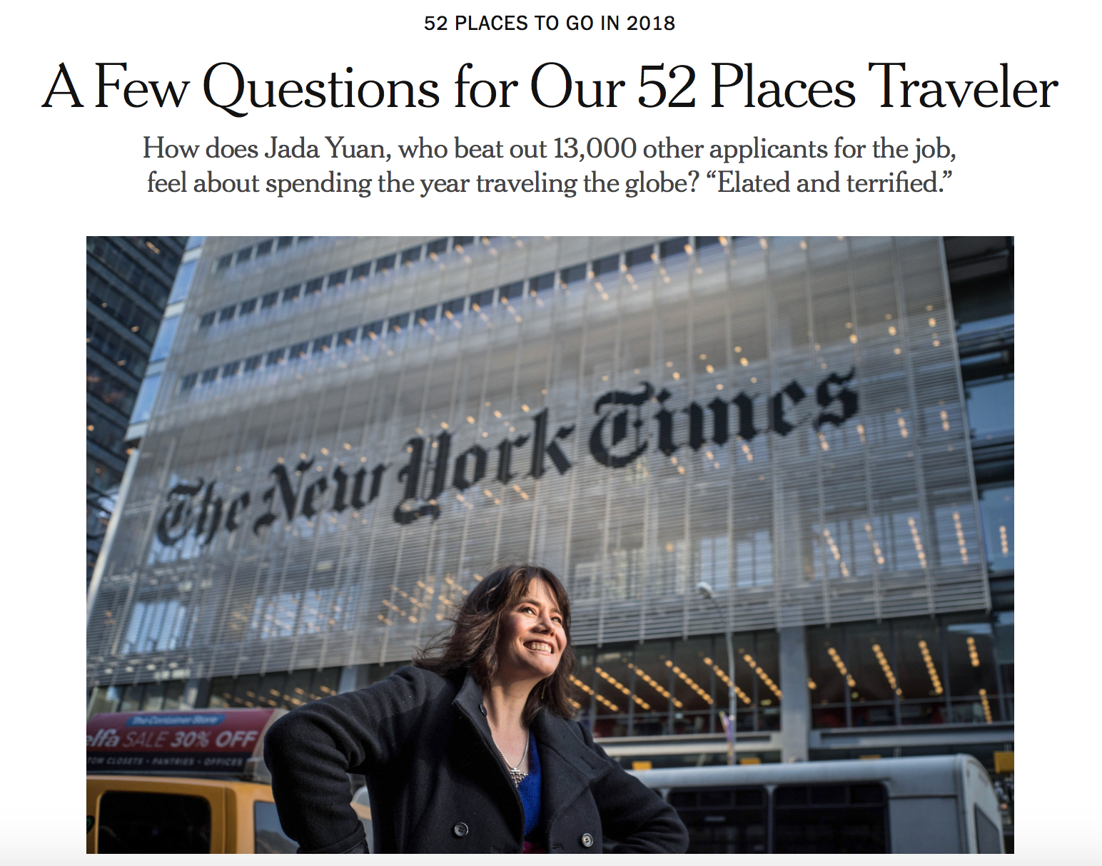 Thanks to Jada Yuan, the New York Times' new World Traveler, for the shoutout in her interview about how she's preparing for her yearlong, 'round-the-world journey!