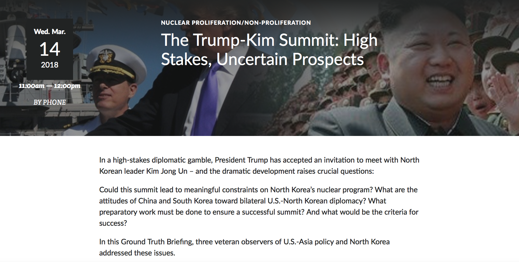 Wilson Center: The Trump-Kim Summit: High Stakes, Uncertain Prospects
