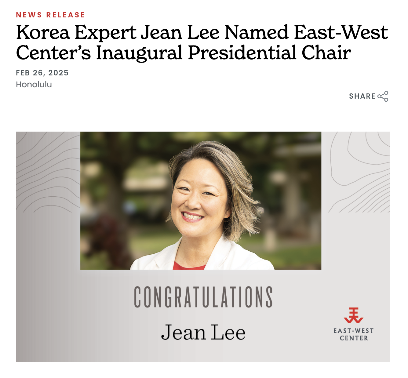 News release: Jean Lee named East-West Center's inaugural Presidential Chair