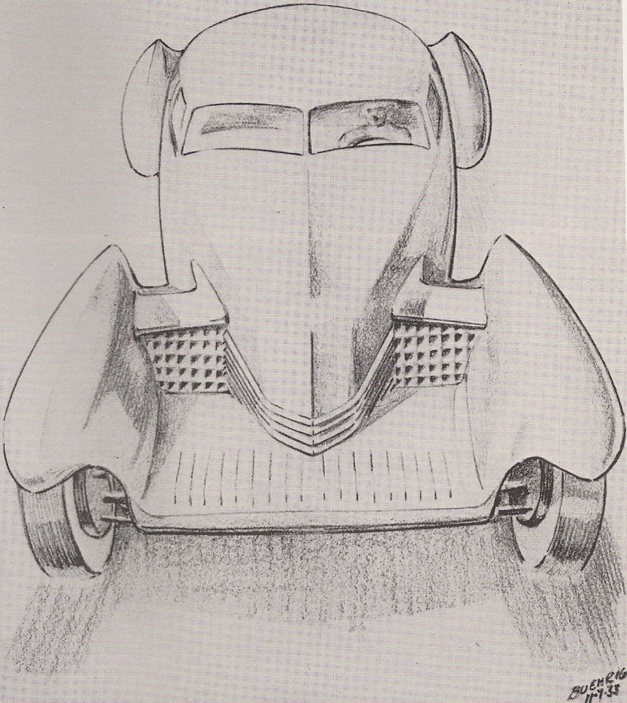 An early Buehrig sketch from 1933, meant to be a 'baby Duesenberg', but clearly inspired what was to become the Cord 810 years later.