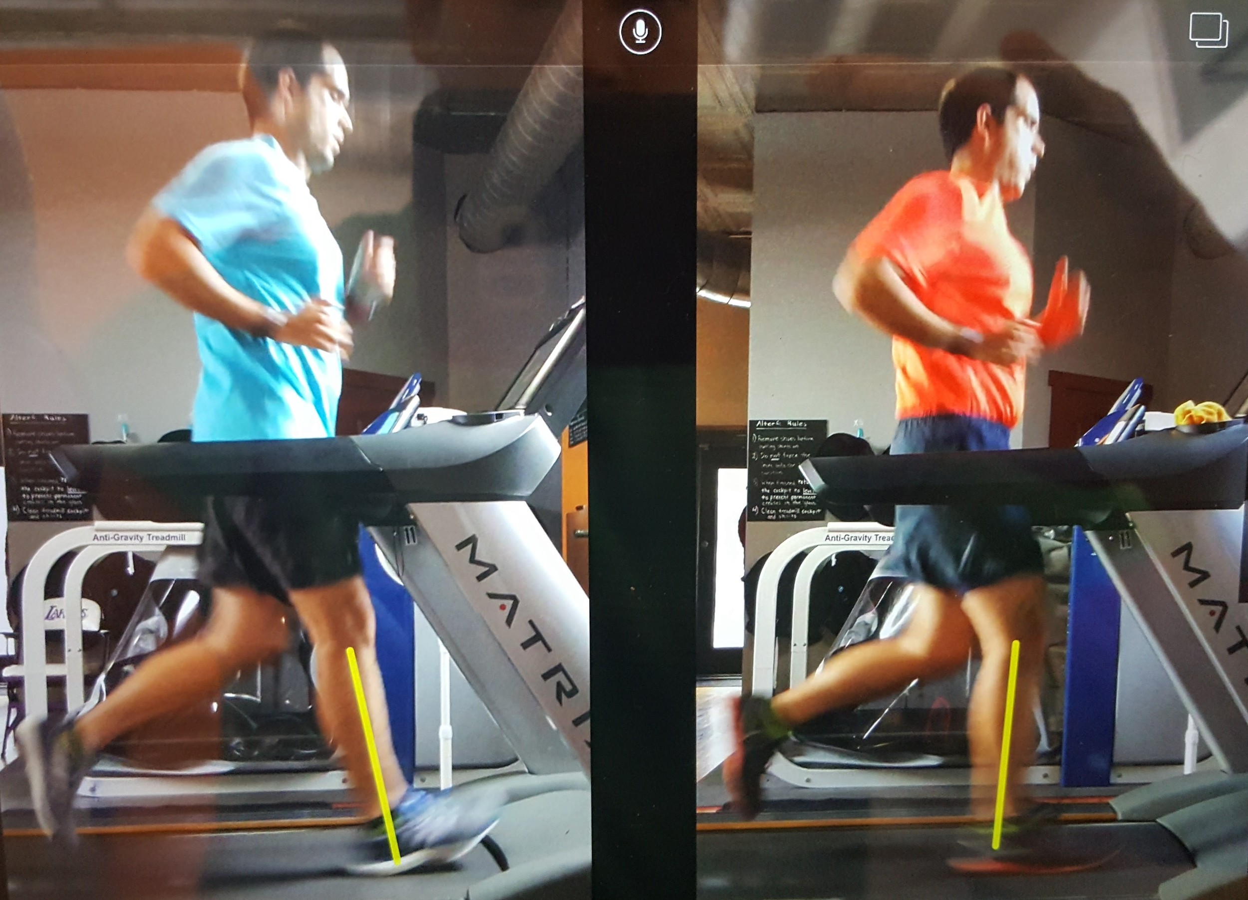 Left image @ Initial Run Analysis. Right Image @ Follow-up Visit. Left image = Heel strike, long step length. Right image = Midfoot strike, short step length. Note: T he arm, hand, and left leg are positioned in the exact position for each image, indicating that the image from the follow-up visit was captured at the same initial moment of contact as the image from the initial analysis.