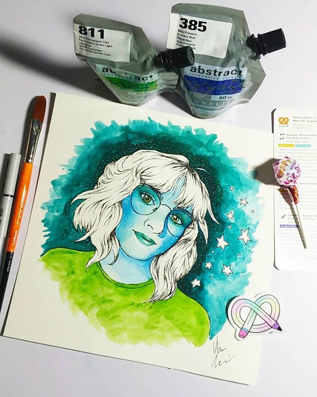Repost from @alex_levins.art
・・・
My August #artsnackschallenge ! Came up with a sorta spacey self-portrait. The Sennelier acrylic pouches were super pigmented and easy to water down and layer, which I love. The winsor newton pen didn't smudge at all,