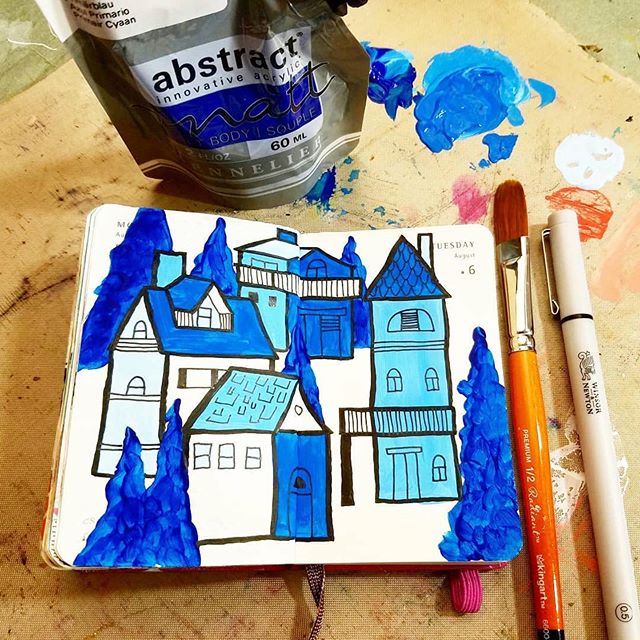 Repost from @projectparlor
・・・
Day 217 &amp; 218/365
I did the Artsnacks Challenge for August in my mini Moleskine sketchbook. Paint in a bag... interesting. Love this paintbrush, Kingart. And this fineliner is good stuff, Winsor &amp; Newton.
****
#