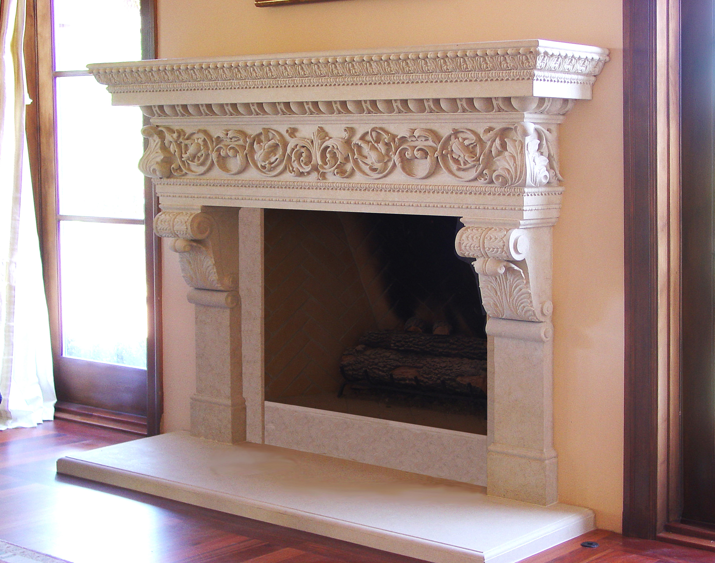 fireplace surround in limestone