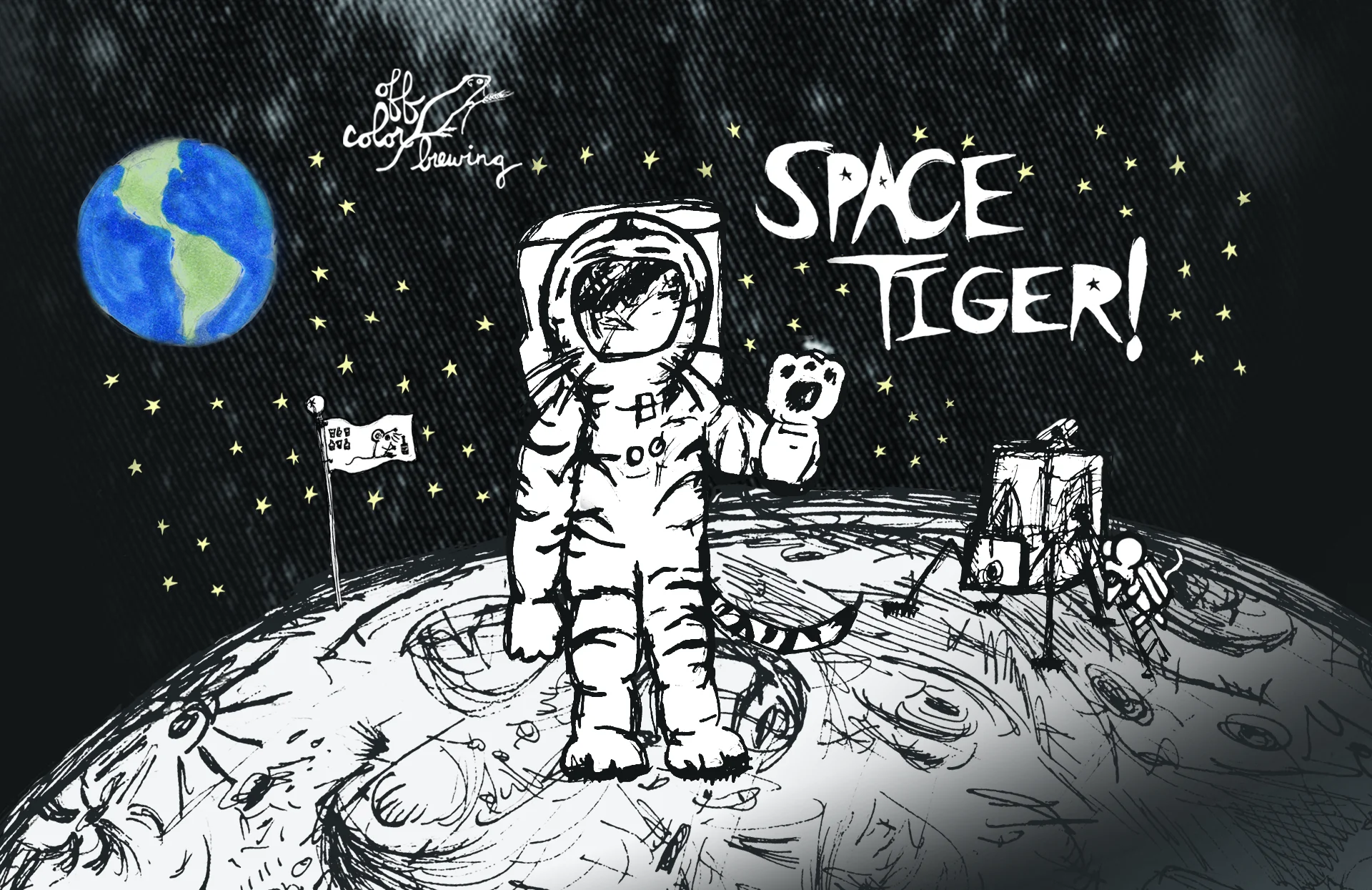 Wild Farmhouse Ale ABV: 7.8% | IBU: 21 Malts: Pils, Flaked Wheat, Special Aromatic, Dark Munich Hops: Galaxy, Sterling Secret Ingredients: Oxygen Bretty, funky and striped for camouflage, Space Tiger is a larger cousin our our other lion based farmhouse ales. Fermented with our house funk culture and hopped with a blend of Galaxy, Kazbek and Sterling for a melange of lemon, farmhouse, and tropical notes. Some from the hops and some from the different brett cultures just getting weird with it. I mean, we miss David Bowie too.