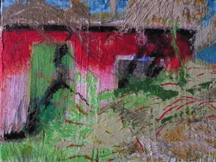 Chicken Barn, 12" x 12", Mixed Media