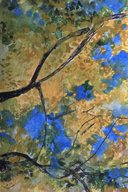 Line Trees and cerulean blue skies, 8" x 4", Watercolor and Ink