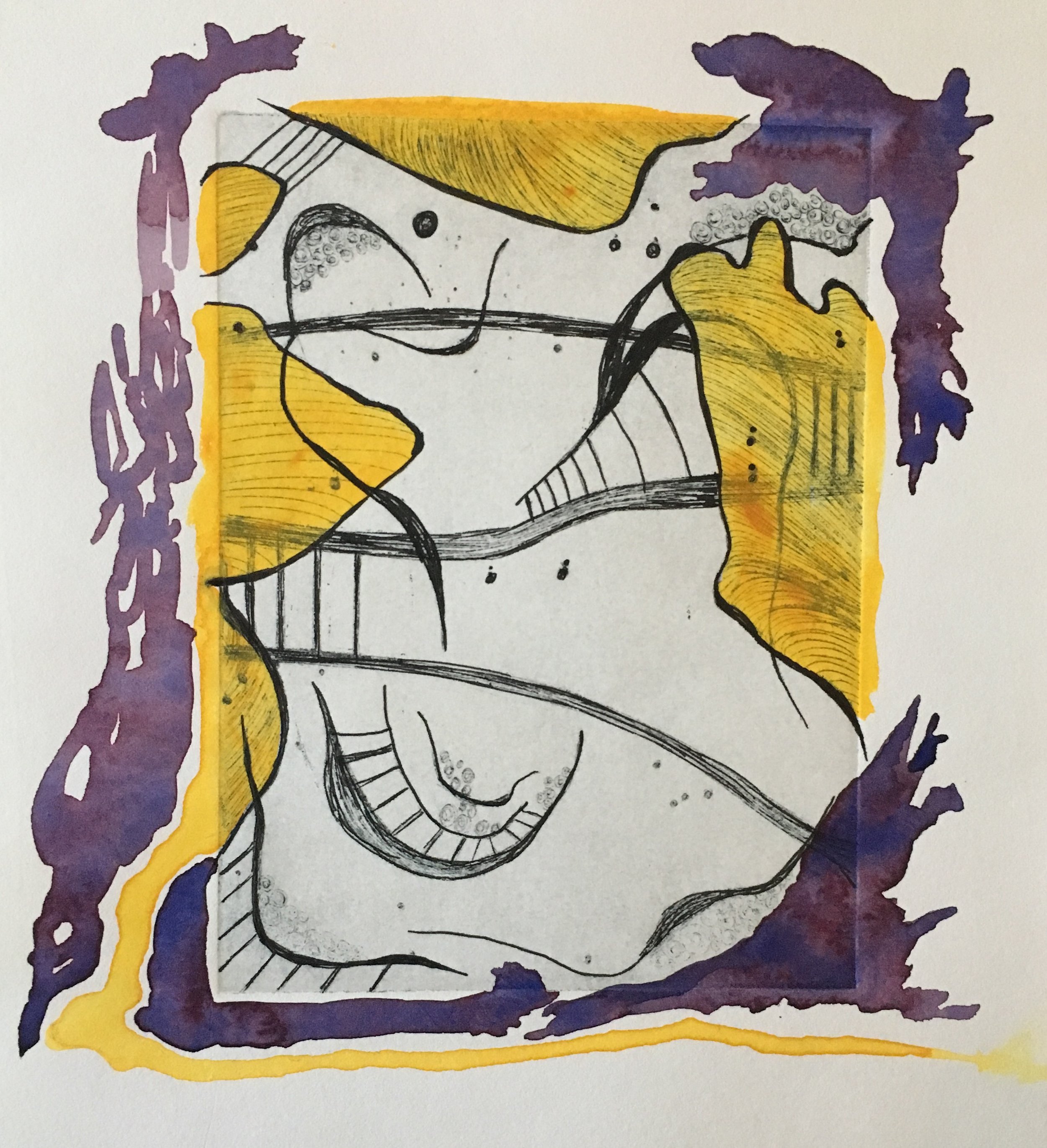 Rythms Underneath #4, 9" x 8", Solar Plate Etching & Watercolor