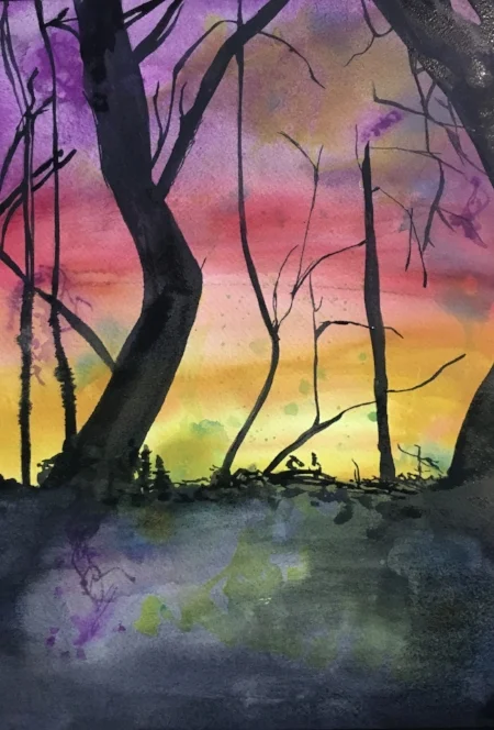 Ships' Hole Farm Sunset, 14" x 10", gouache