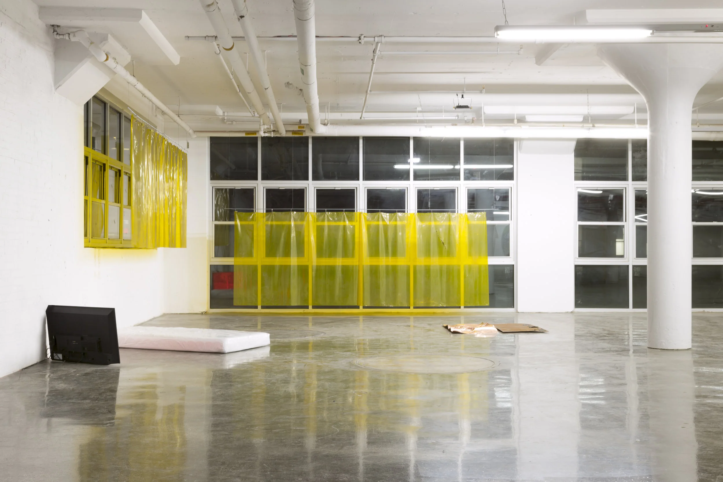 Hanging out 2018 Works in collaboration with Kristine Eudey Video, foam, plastic sheeting, radio, PVC welding curtains, slept-on copper, vinegar, found steel